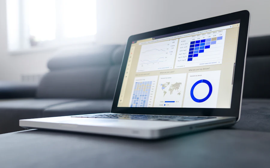Laptop showing marketing performance charts and a world map
